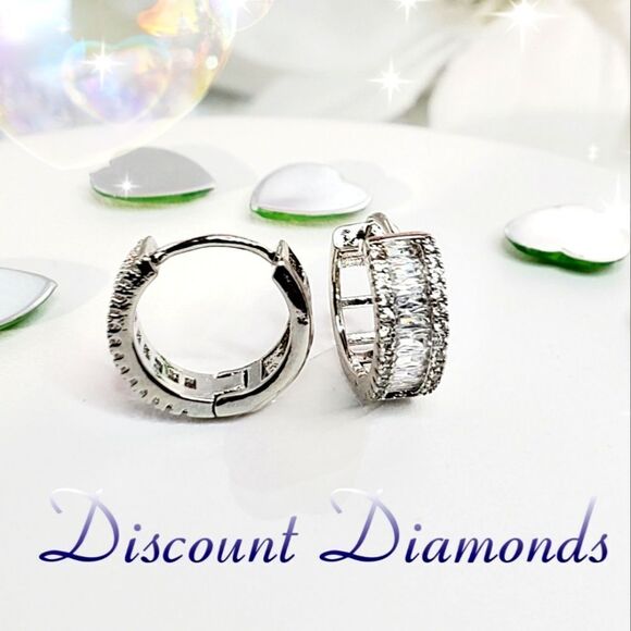 Clear White Asymmetrical & Clear White Baguette Diamond Earrings 925 Silver - Picture 3 of 8